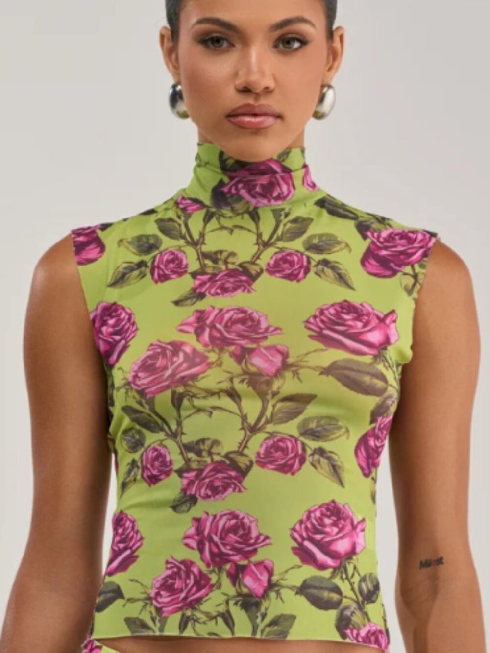 AKIRA DOZEN ROSES MESH TOP IN CHARTREUSE Size M